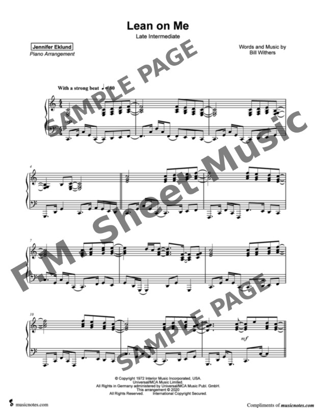 Lean on Me (Late Intermediate Piano) By Bill Withers F M Sheet Music